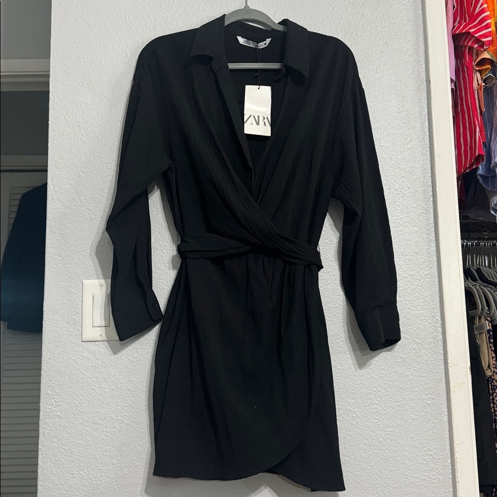 Zara Elegant Black Shirt Wrap Tie Dress Size L